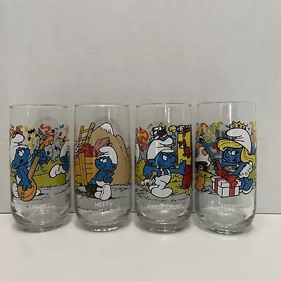 4 Vintage Smurf Glasses Peyo [1983 Harmony Handy Smurfette] & (1982) Hefty • $31.05