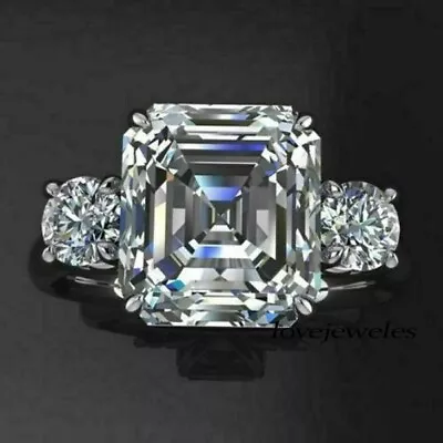 4.50CT Asscher Cut Real Moissanite 3-Stone Engagement Wedding Ring 925 Silver • $161.42