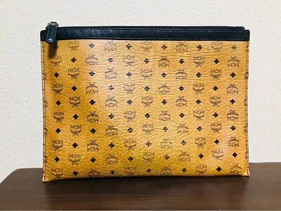 MCM's Clutch Bag Novelty 925 Leather Brown Black Lining Logo Print Used • $128