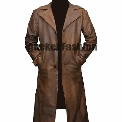 Men's Vintage Brown Genuine Leather Jacket Duster Coat  • $165