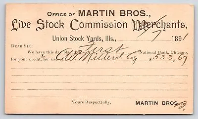 Chicago IL~Martin Bros Live Stock Commission Merchants~Union Yards~1891 Postal • $8