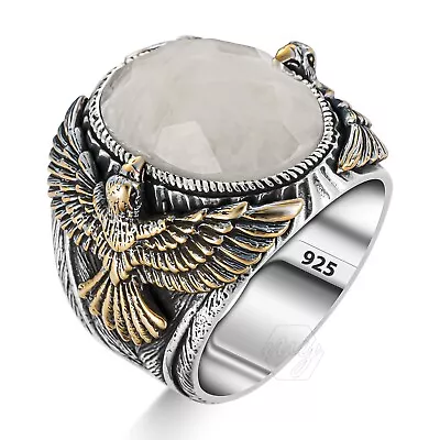 925 Sterling Silver Eagle Figure Oval Faceted Moonstone Men's Ring • $69.90