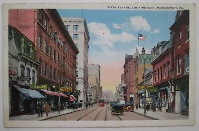 McKeesport Pennsylvania PA Fifth Avenue Looking East Cars Trolley Shops Postcard • $9.99