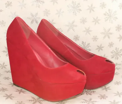 Red Faux Suede Peep Toe Platform Wedge 5  Heels Vamp Rockabilly Goth EU 39 UK 6 • £12.99