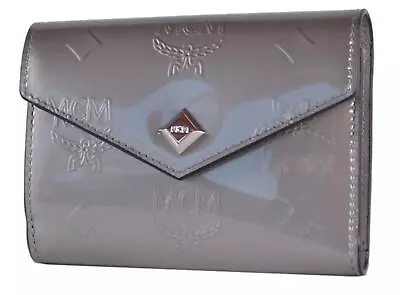 New MCM Women's $360 Grey Patent Leather Visetos Small Flap Trifold Wallet • $216.34