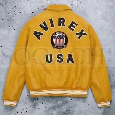 Men's Avirex YELLOW Real Bomber American Flight Jacket Leather Jacket • $129.99