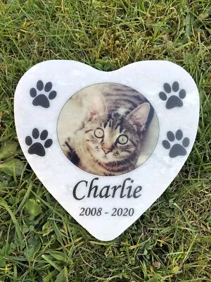 Photo Personalised White Marble Heart Pet Memorial Plaque Grave Marker - Cat Dog • £21.50