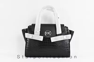 Michael Kors Carmen Medium Flap Satchel Signature MK Logo Pvc Bag Handbag Black • $102