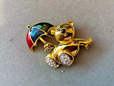 Vintage Monet Bear Umbrella Pin Rhinestones Enamel Brooch Gold Plated 2 X1.5  Sg • $12.99