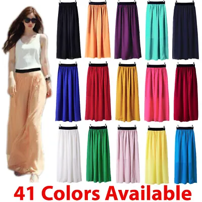 Women Double Layer Chiffon Pleated Retro Long Maxi Dress Elastic Waist Skirt New • $15.99