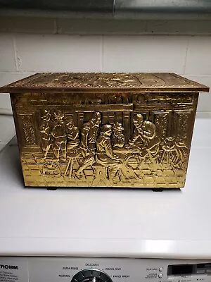 Vintage Brass On Wood Coal/Kindling Coal/Log Box Embossed Village Tavern Scene. • £72.39