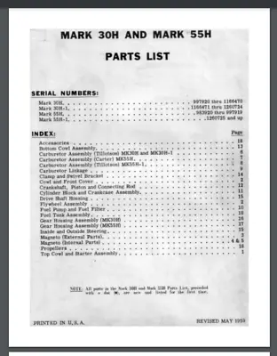 Mercury Outboards Mark 30H 55H Parts List Manual 36 Pages 1959 Comb Bound • $19.99