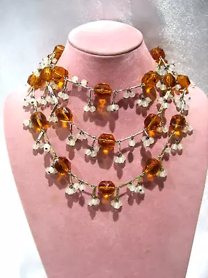 Vintage Gold Tone 3 Strand Amber Color Necklace • $35.98