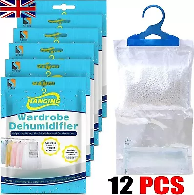 12 Hanging Wardrobe Dehumidifier Bags Damp Mould Moisture Mildew Condensation UK • £11.85