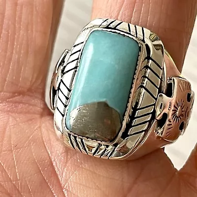 Navajo Thunderbird Turquoise Mens Ring Sz 11 Sterling Unsigned David Lopez Rect • $179.94