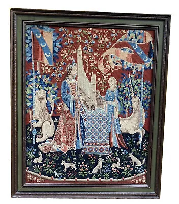 Vintage Needlepoint Margot De Paris Lady & The Unicorn Framed Finished Tapestry • $149.99