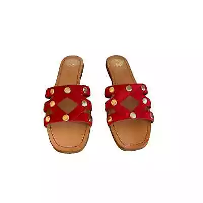 Vince Camuto Vazista Sandal Size 10 Red Suede Gold Embellishments Slip On Slide • $30