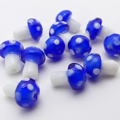 12 Blue And White Handmade Mushrooms Glass Beads Glass Mushroom Charms • £3.99