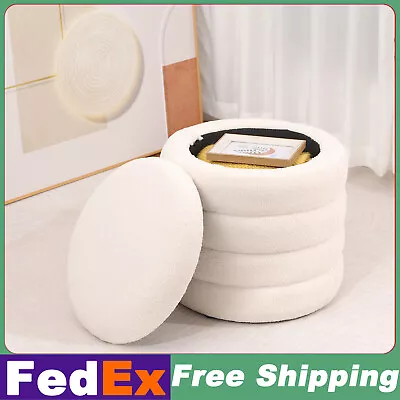 Round Ottoman Storage Bench Box Teddy Velvet Footstool Footrest For Living Room • $82.99