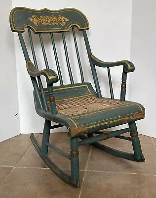Antique Painted Child’s Rocking Chair Gold Blue Paint Cane Seat • $103.33