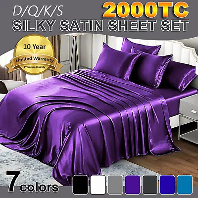 2000TC 4 Pieces Silk Satin Flat Fitted Sheet Bed Set Single Double Queen King • $28.49