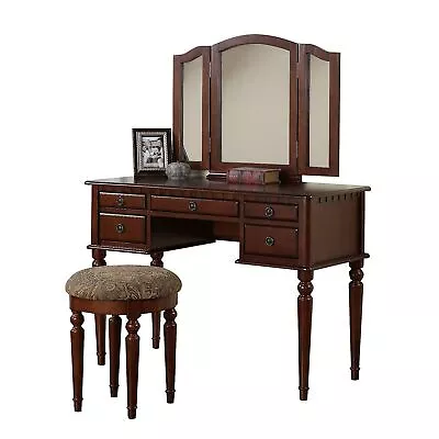 Commodious Vanity Set Featuring Stool And Mirror Cherry Brown - Saltoro Sherpi • $891.18