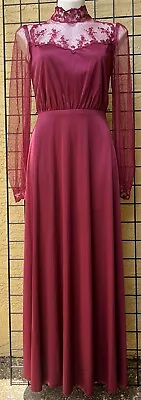 Vintage Maxi Dress Gown 70s 80s Lace Elegant Longsleeve Wine Red Size 11 • $54.99