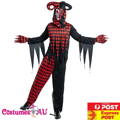 Mens Sinister Jester Joker Costume Evil Clown Horror Halloween Circus Killer • $37.99