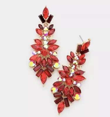 2.75” Ab Red Gold Dangle Drop Rhinestone Prom Long Crystal Pageant Earrings • $15