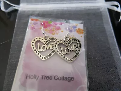 Silver Plated  Heart With Word Love Earrings Handmade Uk • £3.75