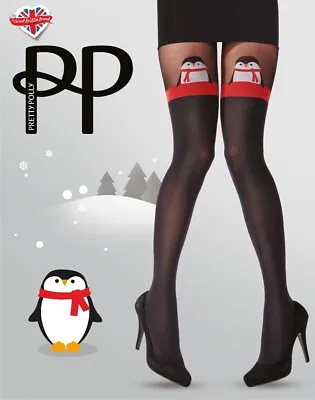 Pretty Polly Christmas Penguin Tights Black Mock Hold Ups - One Size Xmas • $12.37
