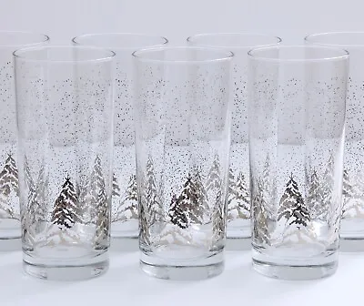 $75 • Buy Set Of 7 Dansk PLATINUM PINE Highball Glasses Tumblers Christmas Tree Snow Xmas