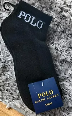 Ralph Lauren Polo Black Unisex Logo Ankle Socks 3 Pack New Free P&P  • £16.99