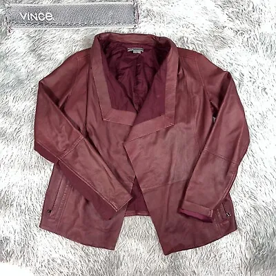 VINCE Women’s 100% Goat Leather Burgundy Scarlet Draped Open Front Jacket L • $120