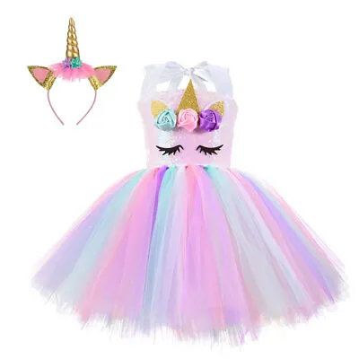 £15.49 • Buy Girls Unicorn Dress Rainbow Tutu Party Costume & Headband For Birthday Halloween