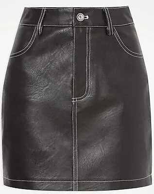 Black Zip Button Front Faux Leather Skirt Pockets Stitch Detail Size UK 12 14 16 • £14.50