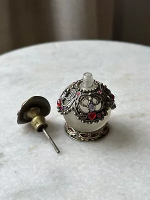 Vintage Jeweled  Metal Overlay Filigree Maroon Frosted Glass Perfume Bottle • $22