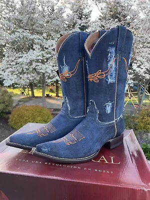 Bota Vaquera Men's Size 8.5 Cowboy Boots Distressed Denim Blue El General NIB • $69.99