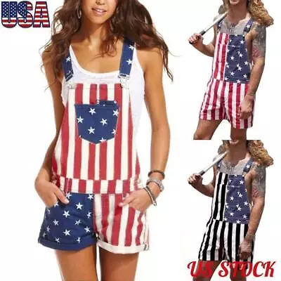 Women's Men American Flag Print Denim Dungarees Summer Jumpsuit Shorts Overalls • $17.99