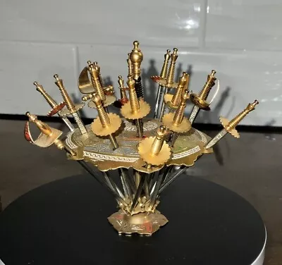 Vintage Toledo Spain Brass Gold Sword Cocktail Picks 18 Picks W Stand MCM • $88.99