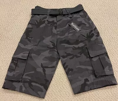 NWT Men’s Nathan Black Grey Camouflage Camo Belted Cargo Pocket Shorts ALL SIZES • $21.99