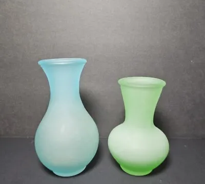 Vintage VIKING Blue And Green Frosted Glass Vases 5  And 6  • $26.95