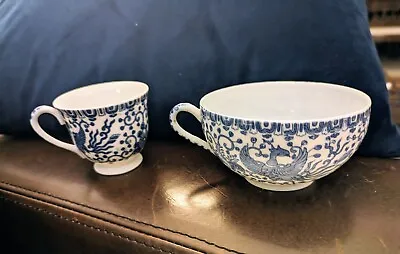 Vintage Japanese Tea Cups Blue & White Bone China Cups Phoenix Occupied Japan • $15