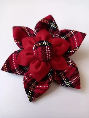 RED ( ROYAL STEWART) TARTAN FABRIC BROOCH. RUSTY RED FELT INNER FLOWER. 10cm • £6.75