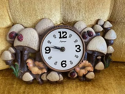 Vintage  Mid Century Arabesque Wall Clock Mushrooms & Ladybugs • $42