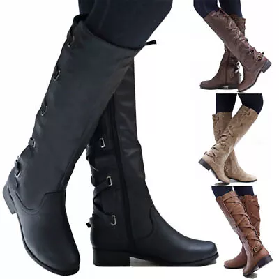 Flat Low Women Heel Knee High Ladies Leg Calf Boots Motorcycle Shoes Riding Punk • $44.85