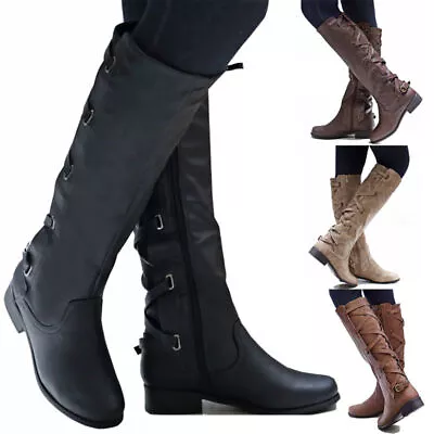 Flat Women Low Heel Knee High Ladies Leg Calf Boots Motorcycle Riding Shoes Punk • $44.88