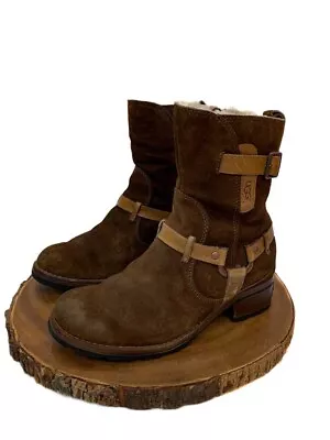 UGG Boots 5.5 Womens Endell Brown Suede Buckle Moto Biker Harness • $59.40