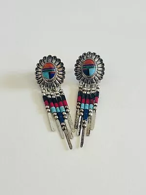 VTG QT Quoc Trading Earrings Turquoise Coral Chandelier Sterling Silver 925 Rare • $50