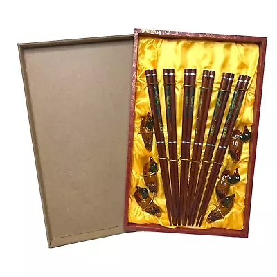 Vintage Chinese Chopsticks With Duck Rests - Set For 6 Wooden Lacquered Boxed • $32.34